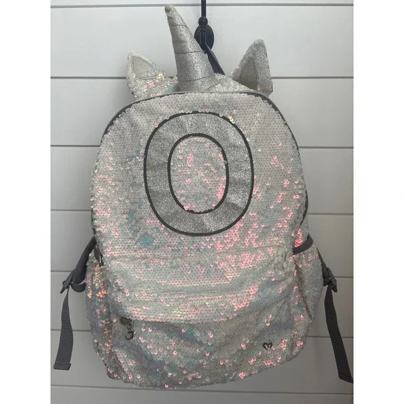 Vintage y2k Justice Girls Iridescent Sequin Unicorn Backpack Initial O