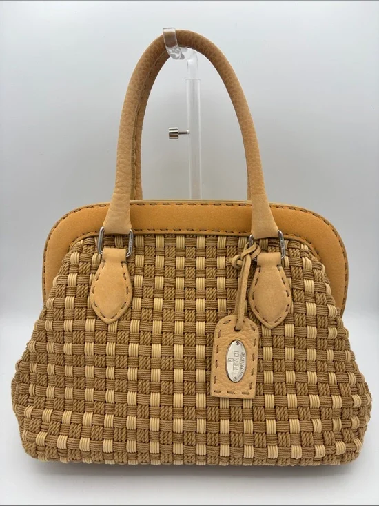 Authentic Fendi Selleria Woven Doctor Bag - Tan - Jute/Cotton Cording - EUC