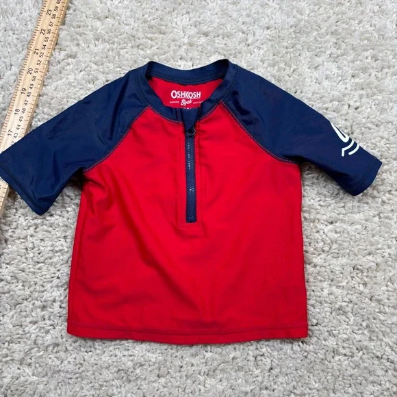 OshKosh B'gosh Boys Rash Guard Swim‎ Shirt Red Navy Shark 12M