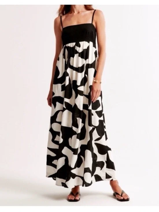 Abercrombie & Fitch Tie Back Babydoll Maxi Dress M Black White Linen Blend