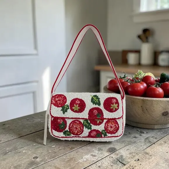 Boutique Beaded Tomato Print Shoulder Bag White Red Green