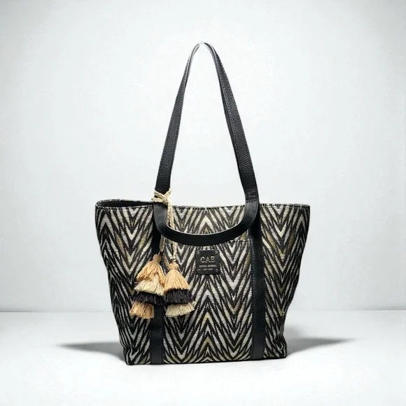 Henri Bendel Black and Tan Chevron Shoulder Tote Bag