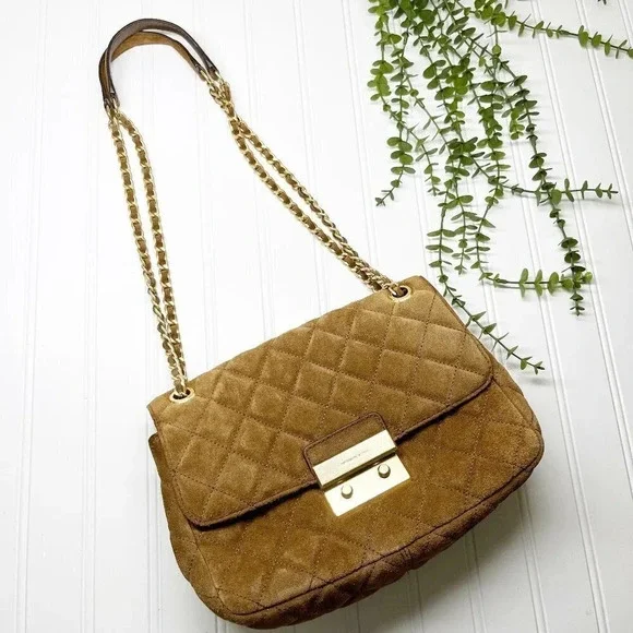 Michael Kors Tan Camel Suede Large Sloan Quilted Leather Shoulder Bag Chain