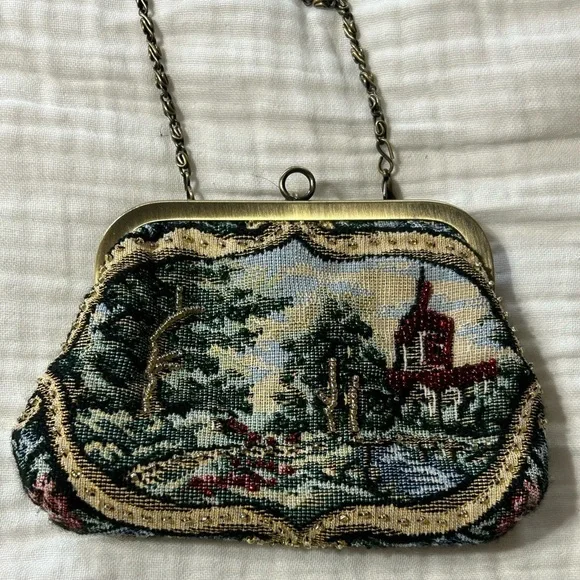 Carlo Fellini Vintage Tapestry Beaded Kiss Lock Purse Bag crossbody