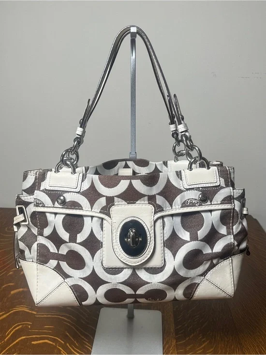 Coach Op Art Peyton Carryall Brown & White Signature Shoulder Bag with Turnlock
