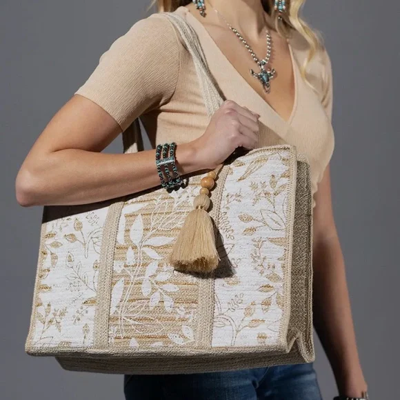 Floral Jute Shoulder Western Bag Beige NWT