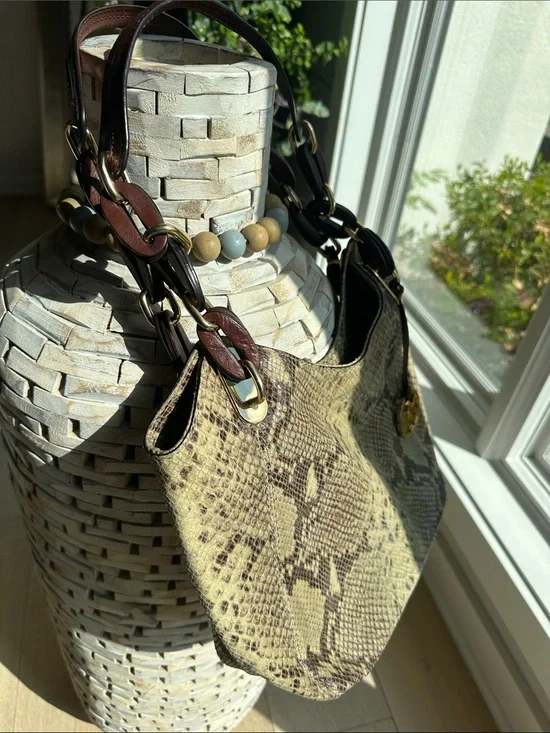 Michael Kors Taupe and Brown Snake-Print Shoulder Hobo