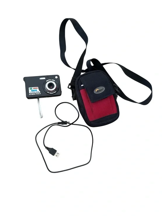 Compact Digital Camera with Black and Red Carry Case