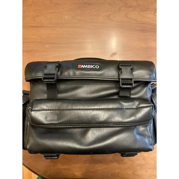 Vintage Large Black Ambico Leather Shoulder Carry Bag For Camera/Video Gear