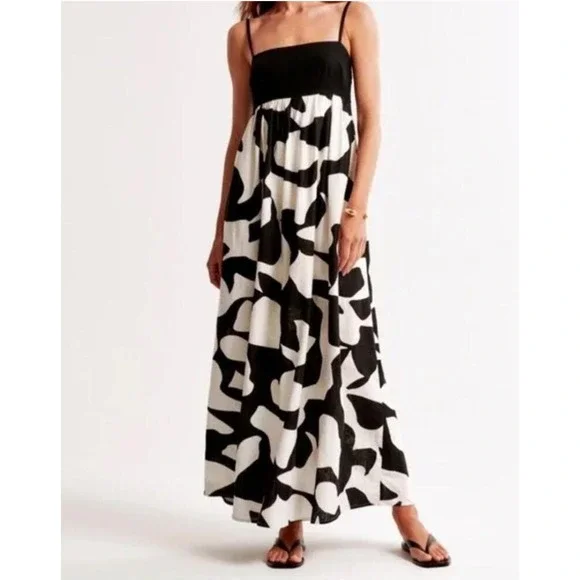 Abercrombie & Fitch Maxi Dress Womens XXST Black White Linen Abstract Print NWT