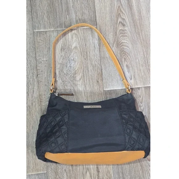 Liz Claiborne Black Quilted Nylon Shoulder‎ Bag with Tan Trim