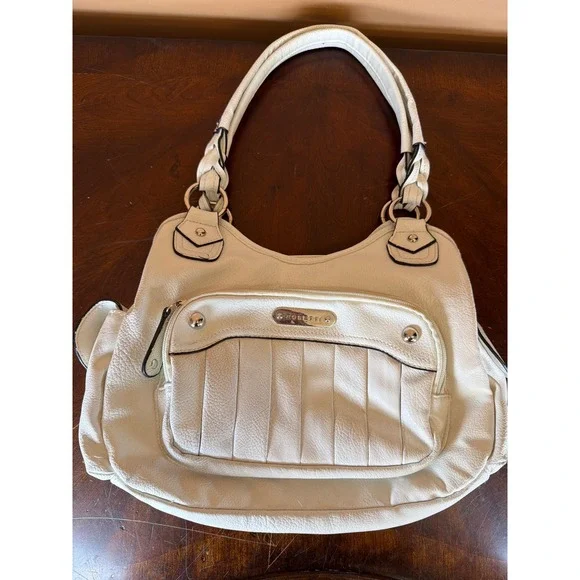 Rosetti Ivory Faux Leather Shoulder Bag Braided Strap Multi Pocket Hobo Purse