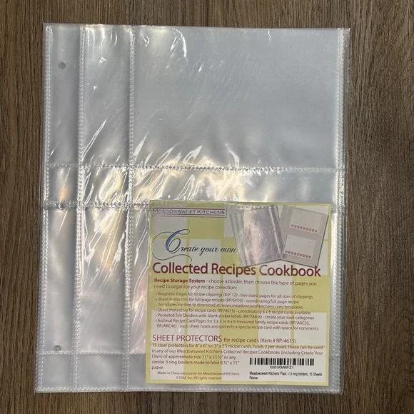 Meadowsweet Kitchens 15 Plastic Recipe Card Sheet‎ Protectors 3 Ring Binder 4x6