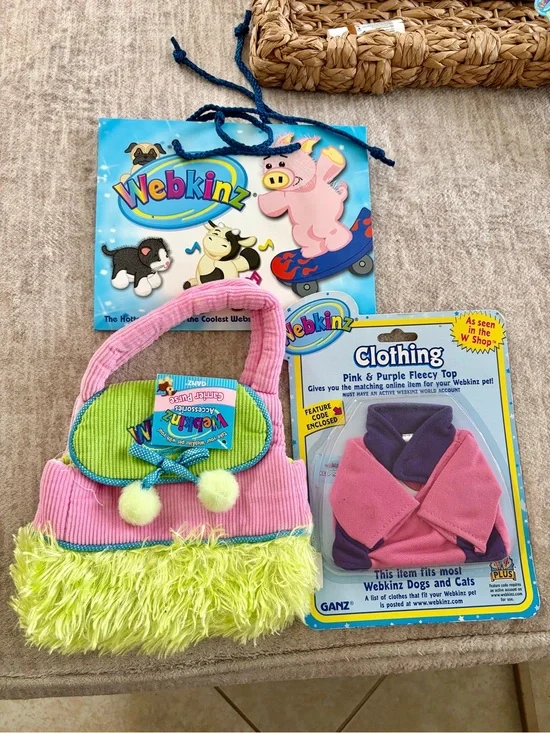 Webkinz Clothing Pink Purple Fleecy Top With Code & Carrier Purse & Gift Bag New