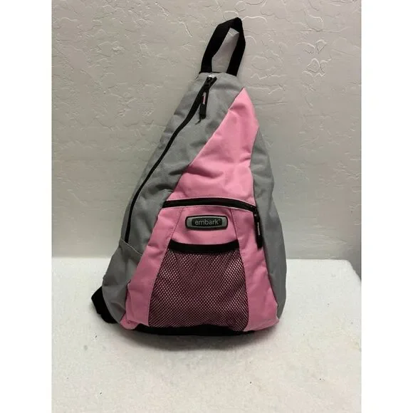 Embark Gray Pink Single Strap Sling Backpack‎ Front Mesh Pocket Zip Closures