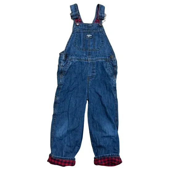 OshKosh Bgosh Kids 5T Flannel Lined Denim Overalls Buffalo Plaid Blue Jeans