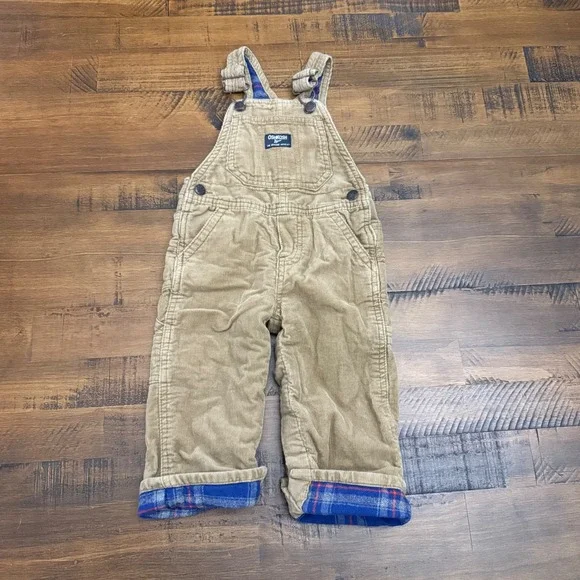 OshKosh Corduroy Overalls Plaid Flannel Lined Cuffed Bottoms Adjust. Straps 18M‎