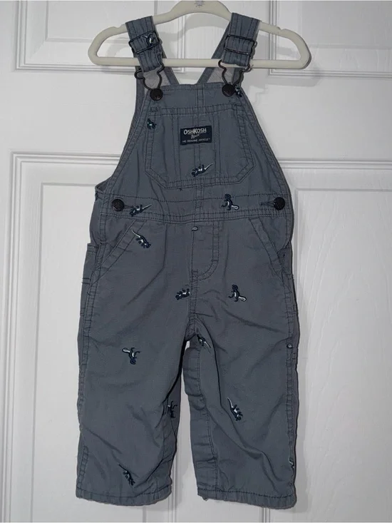 Oshkosh B’gosh Baby Dinosaur Grey Denim Overalls Size 9M