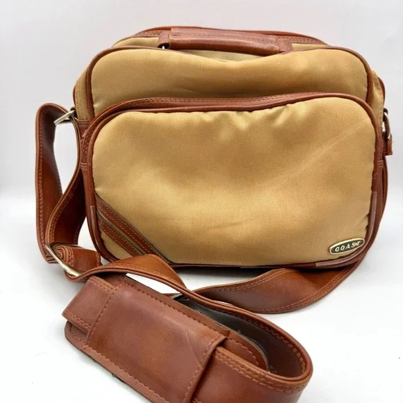 Coast Vintage Tan Canvas Brown Faux Leather Camera Messenger Bag Multi-Pocket