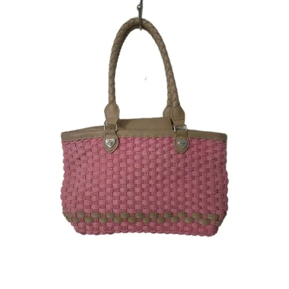 Vintage Fabric Lined Woven Shoulder Handbag Purse Tote Pink Brown 14