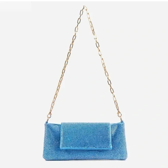 NWT BOXING CHAIN STRAP DETAIL RECTANGLE SHAPED SHOULDER BAG IN BLUE DIAMANTE