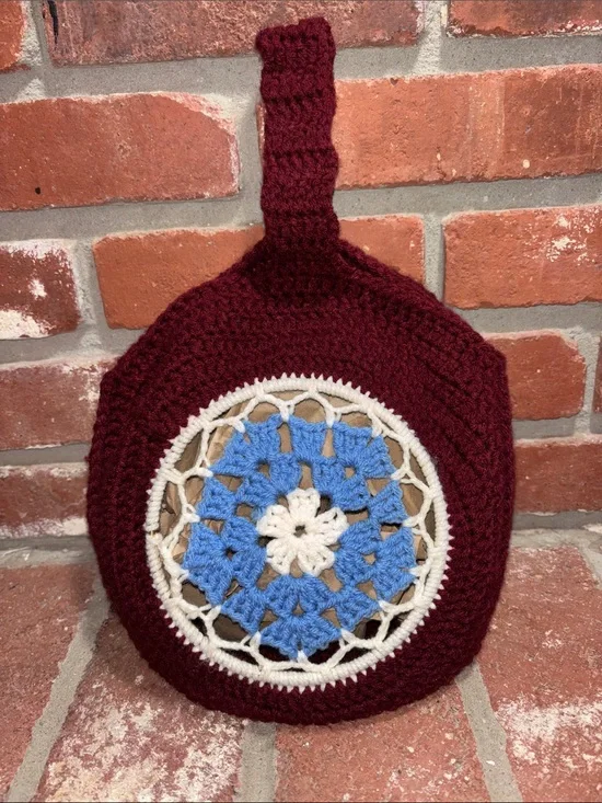 Handmade Boho Crochet Round Wristlet Bag in Burgundy with Blue & Cream Accent