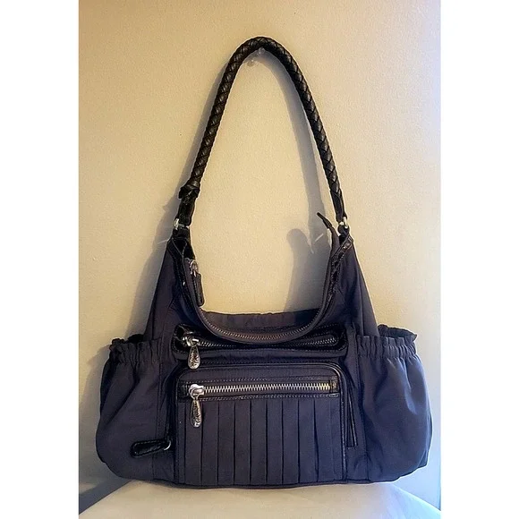Vintage Brighton Gray Nylon Shoulder Bag Hobo Brown Leather Trim Braided Handle