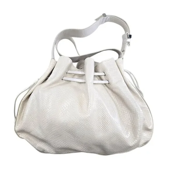Halston Heritage Snakeskin Leather Drawstring Shoulder Bag Ivory Designer Purse