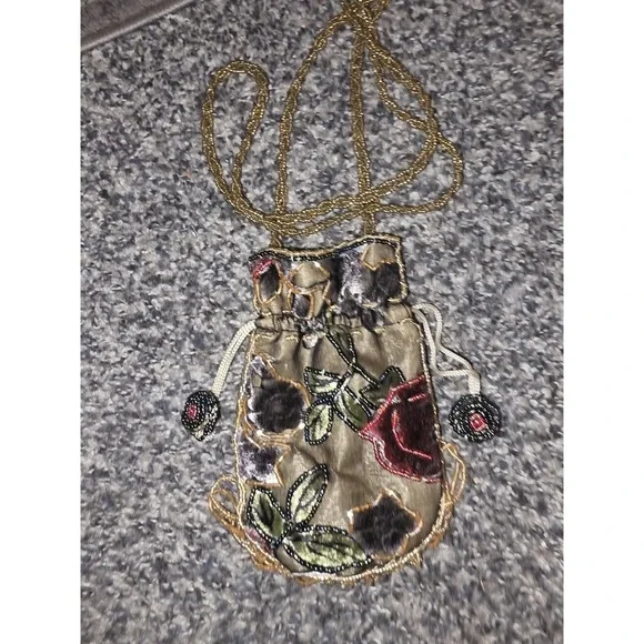 Vintage Style‎ Beaded Drawstring Pouch. Dark Olive Fabric Adorned With Floral...
