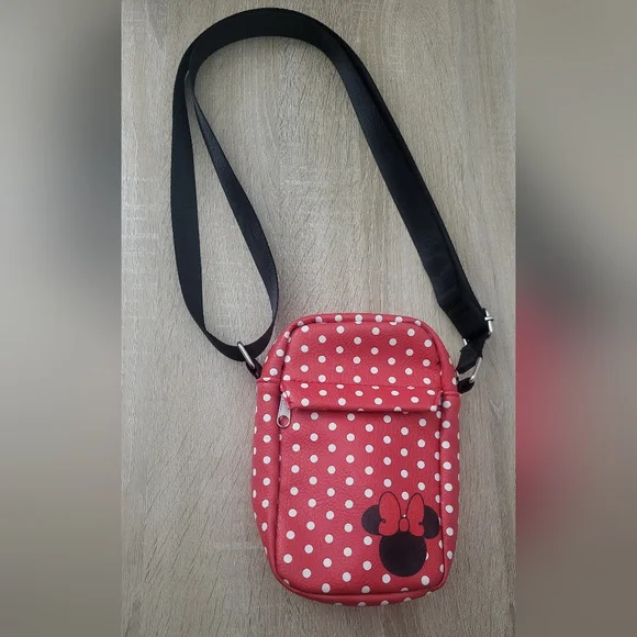 Minnie Mouse Crossbody with iconic polka dots. Brand is Buckle‎ Down.