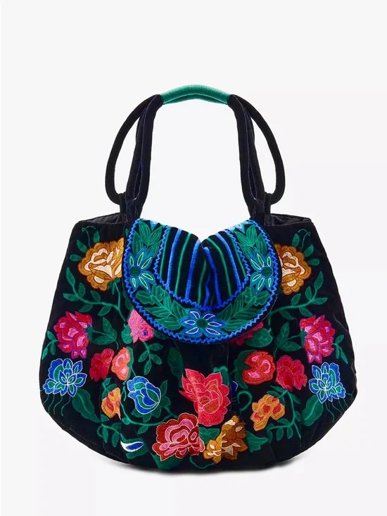 Zara Embroidered Floral Velvet Tote Bag - Black & Multicolor