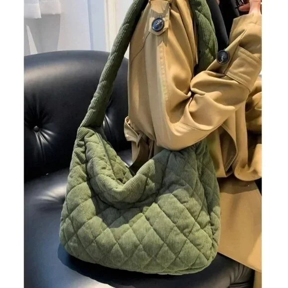 Luxe Quilted Corduroy Puffer Messenger Shoulder Crossbody Travel Bag