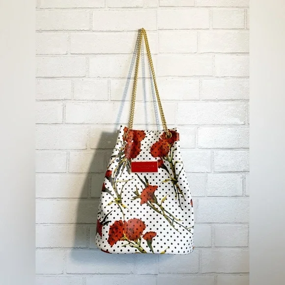 Stylish New Red Floral & Black Polka Dot Gold Chain Bucket Shoulder Bag