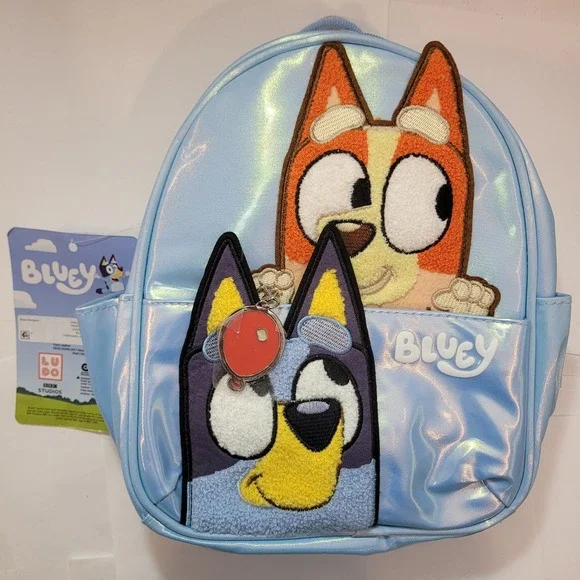 Bluey Backpack Kids Iridescent Blue Faux Leather Chenille Patch‎ Mini Bag NEW