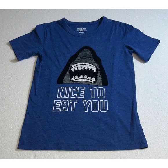 OshKosh Boys Blue Shark Sequin Graphic T-Shirt Nice To Eat‎ You Size 10/12