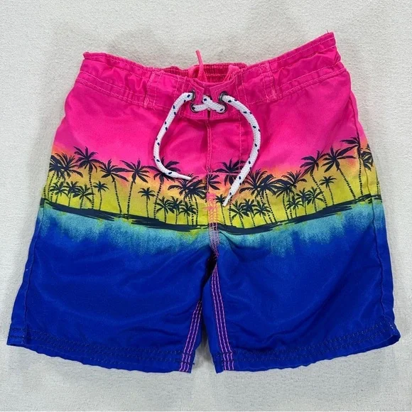 OshKosh B'gosh Pink Yellow Blue Palm Tree Beach Swim Trunks Sz 3T