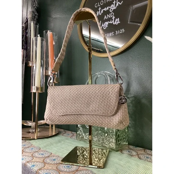 The Sak Woven Baguette Shoulder Bag Beige Champagne Braided Strap Y2K Style