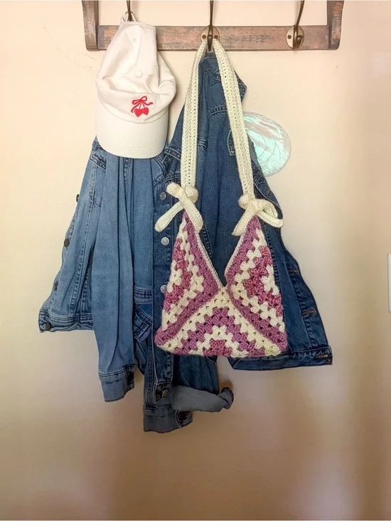 Handmade Granny Square Crochet Bag in Cream and Mauve