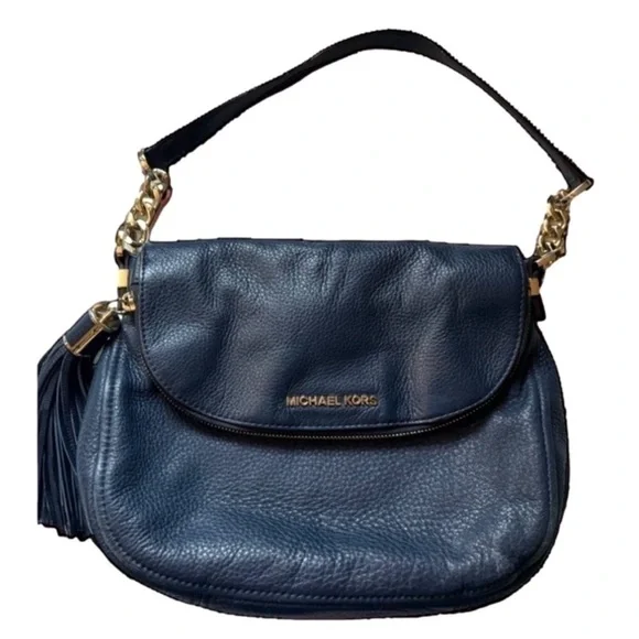 MICHAEL KORS women’s navy blue pebble leather bedford tassel shoulder bag