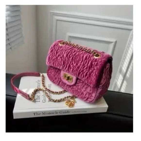 Plush Quilted Pink Shoulder Bag with Chain Strap Gold Hardware