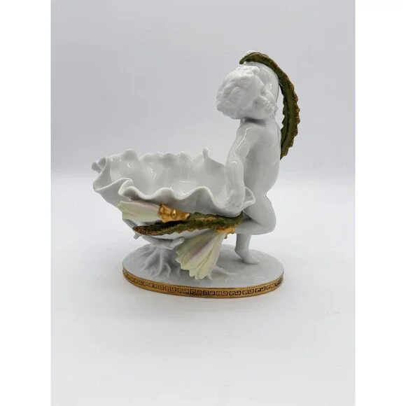 Antique Moore Bros White/Gold Trim Orchid Porcelain Putti Cherub Bowl Sculpture