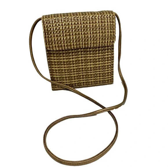 Vintage Mid Century Box Style Purse Shoulder Bag Brown Gold Woven Elegant Chic