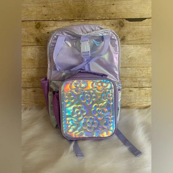 Love at 1st Sight Backpack Lunch Bag Combo Holographic Purple School Bag New