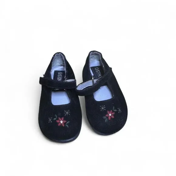 OshKosh B'gosh Toddler Girls Black Velvet Floral Mary Jane Shoes 2 Whimsical