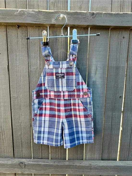 OshKosh B'gosh Blue & Red Plaid Shortall Overalls