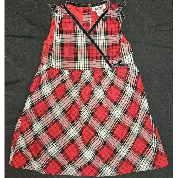 OshKosh Girls Christmas Plaid Dress 4T Red Black Velvet Trim Sleeveless Layering