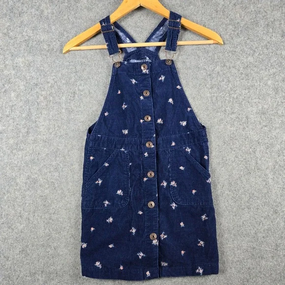 OshKosh B'gosh Floral Corduroy Jumper Dress Girls Size 10 Navy Blue Pinafore