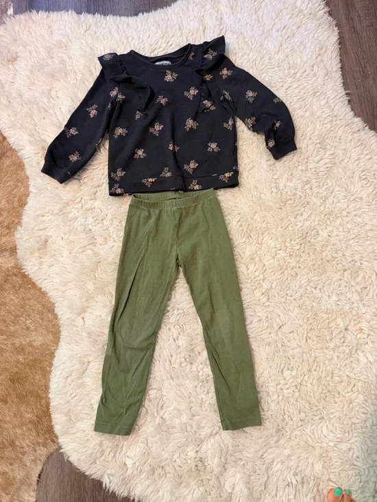 OshKosh B'gosh Black Floral Ruffle Top with Olive Green Leggings Set