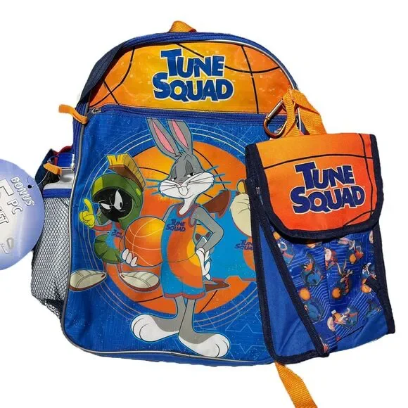 Looney Tunes Backpack 16” Blue Space‎ Jam 5pc Lunch Snack Bag Bottle Tune Squad
