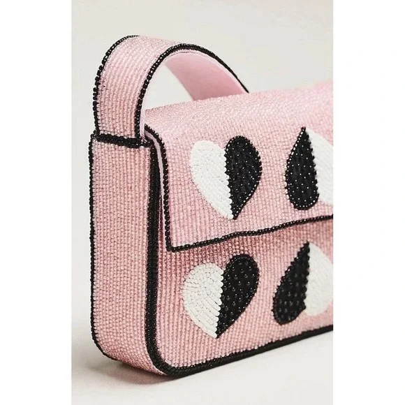 NWT Anthropologie The Fiona Beaded Bag: Icon Edition Pink Black Hearts